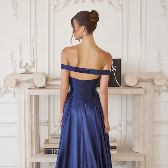 New Navy Off The Shoulder A-Line Bridesmaid Dress w/ Basque Waistline CD T821 - Picture 7 of 9